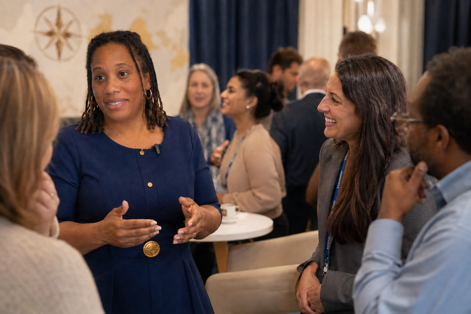Nichole Braxton talks with educators over coffee during a conference networking break.