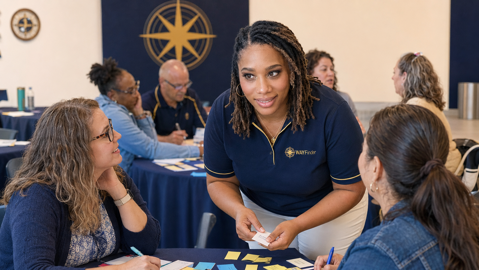 Nichole Braxton, in a WAYFinder polo, leans in to coach two teachers sorting sticky notes at a workshop table.