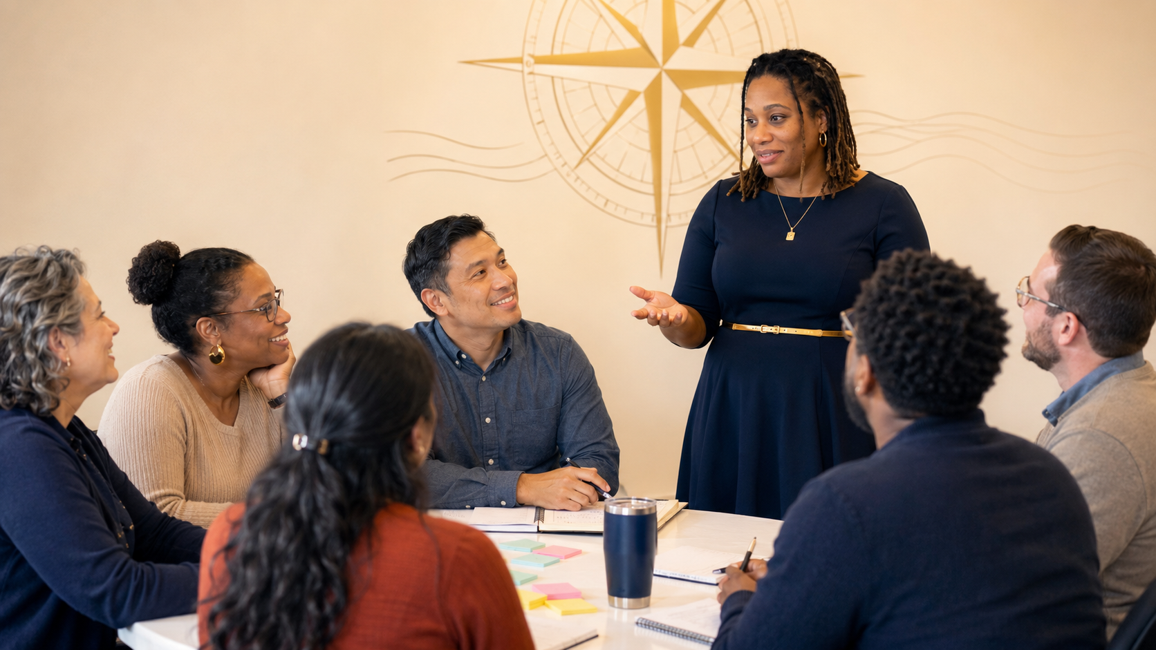 Nichole Braxton leads a warm coaching circle with a diverse group of educators seated around a table.