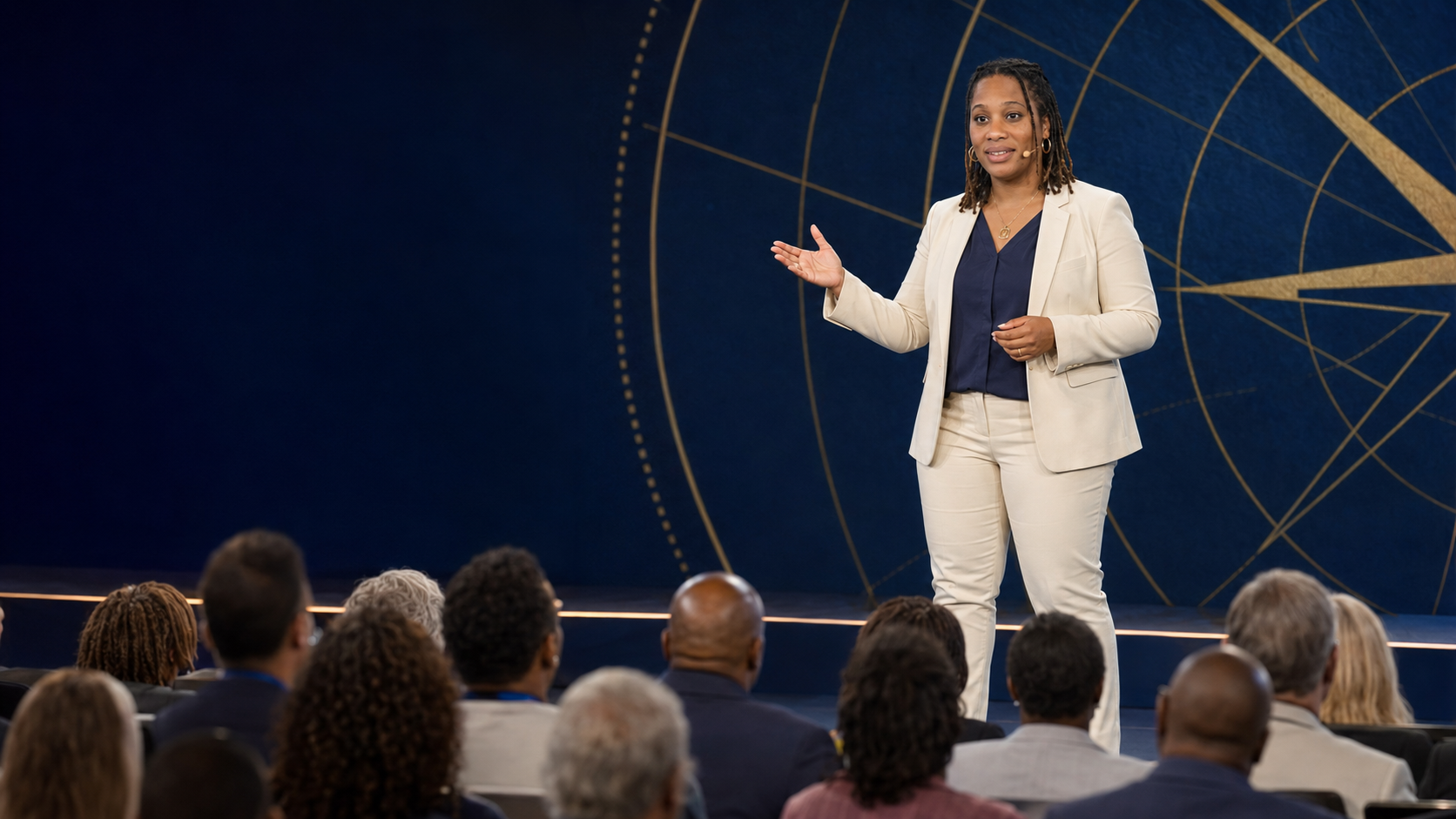 Nichole Braxton delivers a keynote on stage in front of a seated audience of educators, with a gold compass motif behind her.