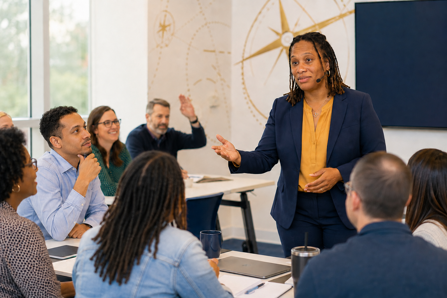 Nichole Braxton facilitates a professional-learning session while educators listen and raise hands to respond.