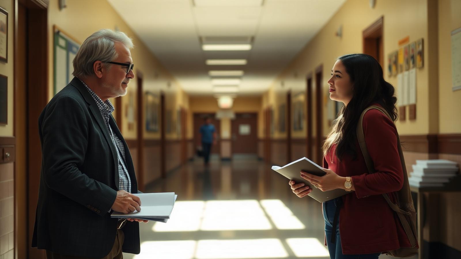 A veteran educator and an early-career teacher talk sincerely in a sunlit school hallway.