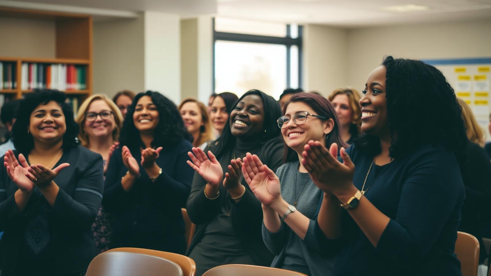 A diverse group of teachers smile and applaud at the close of a professional development session.