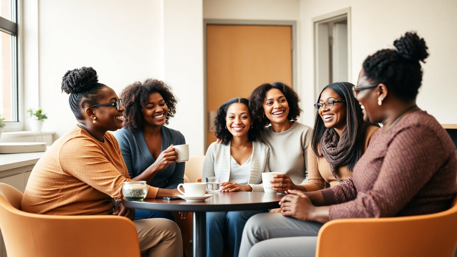 A circle of teachers laugh together over coffee in a bright staff lounge.