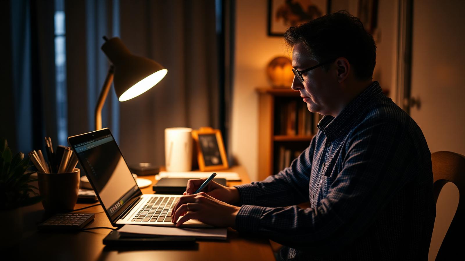 An educator takes notes on a laptop during an evening online learning huddle at home.
