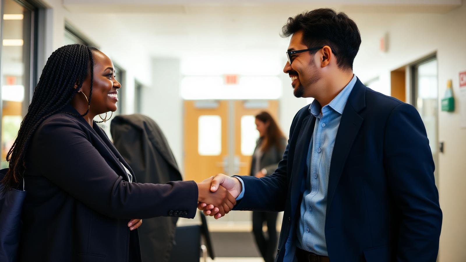 Two education professionals shake hands and greet each other in a bright school lobby.