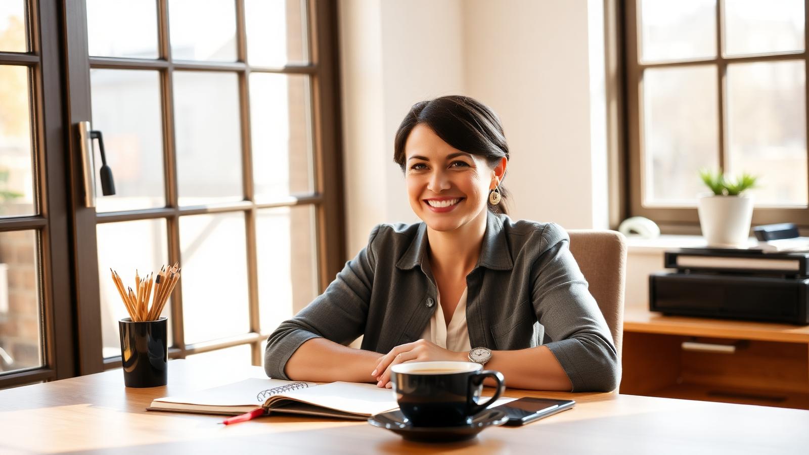 An education consultant smiles during a welcoming video call at a sunlit desk.