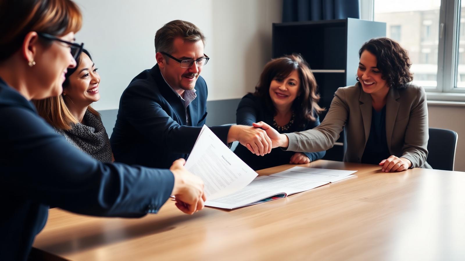 A school leadership team shakes hands over a partnership proposal at a conference table.