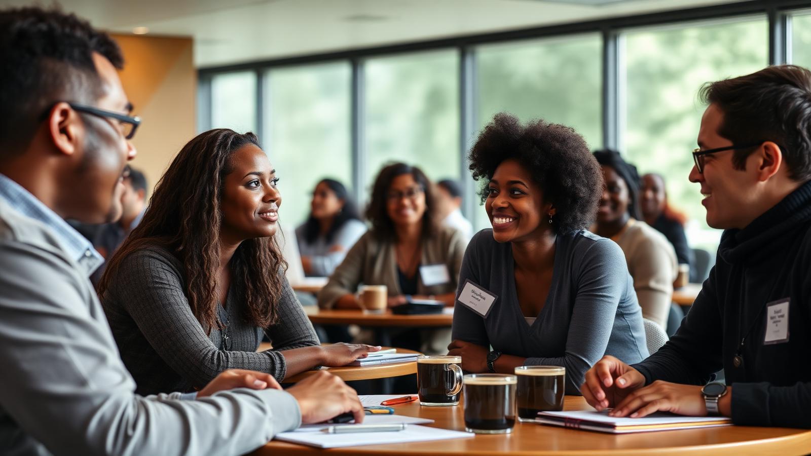 Educators talk and connect at round tables during a conference break.
