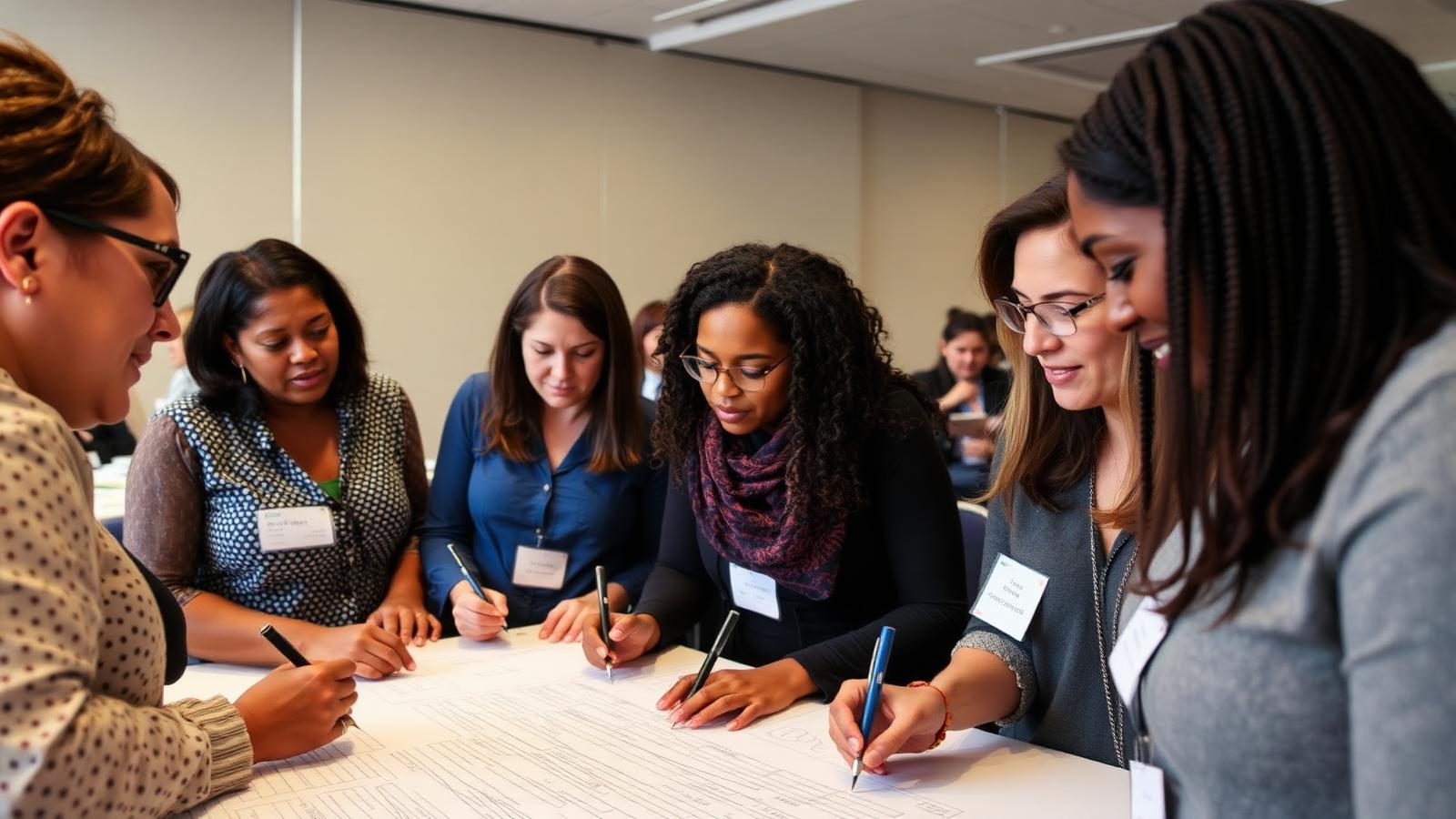 Educators build plans together on large chart paper during a hands-on breakout workshop.