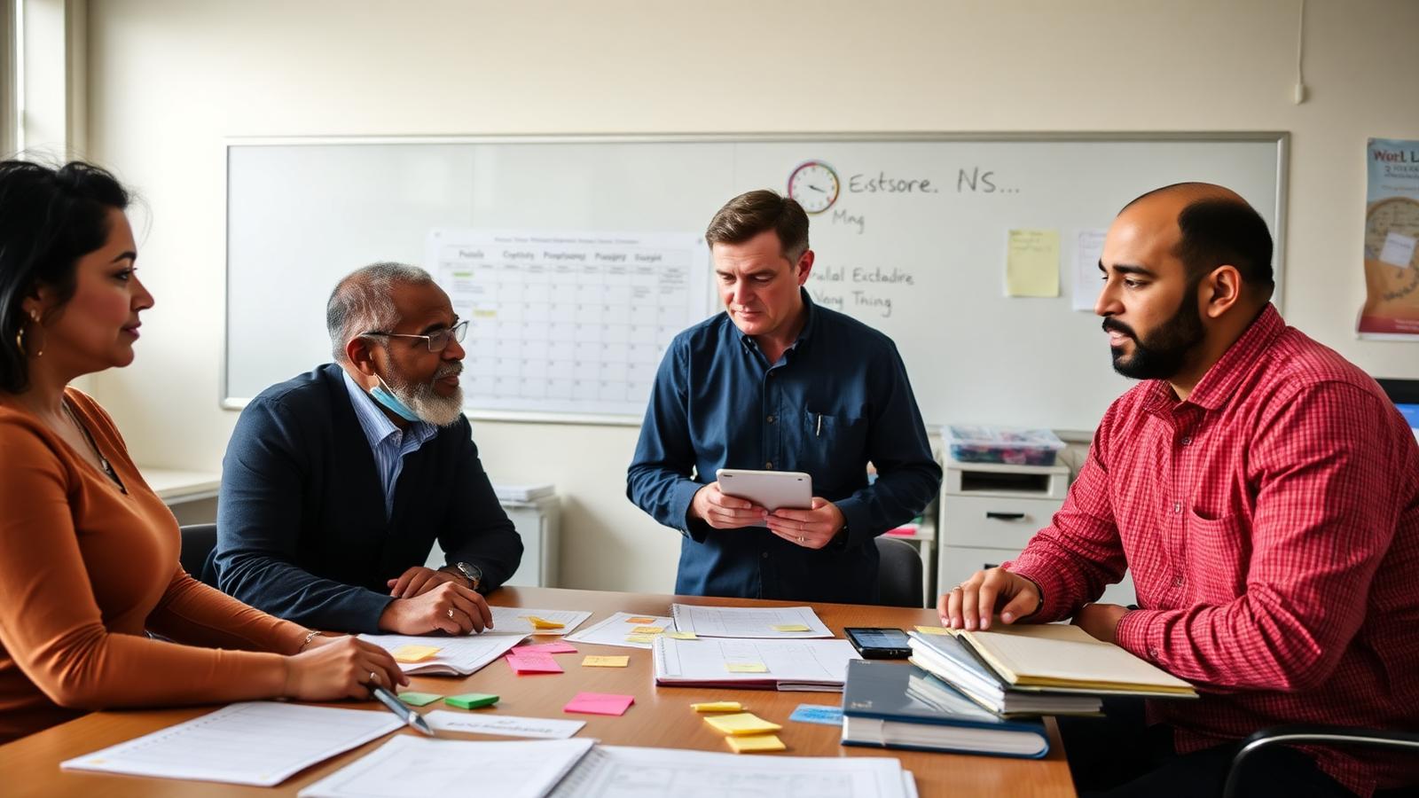 Educators from different generations plan together around a table covered with calendars, notes, and planning documents.