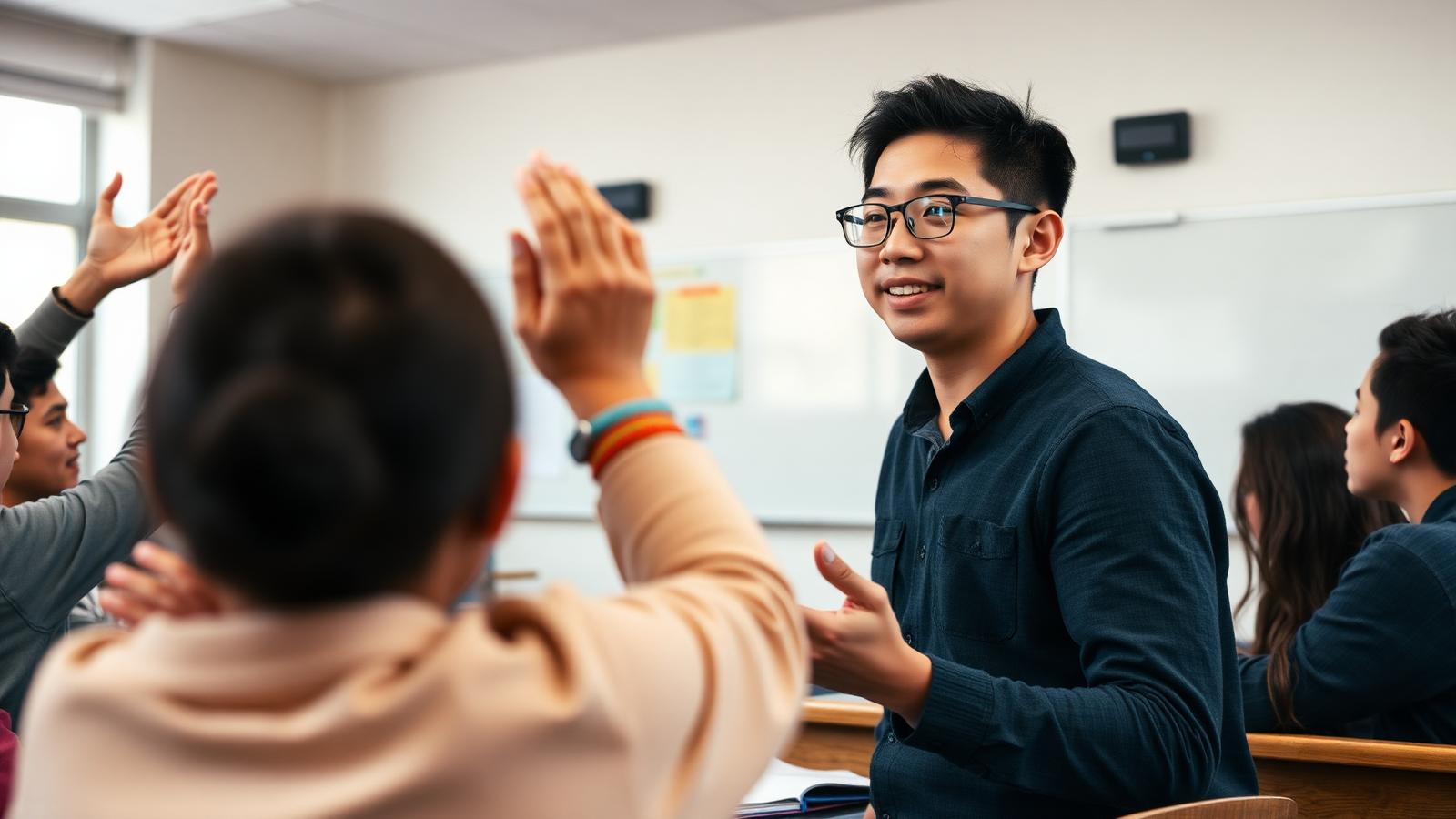 A teacher engages a class of high school students who are raising hands to respond during a lesson.