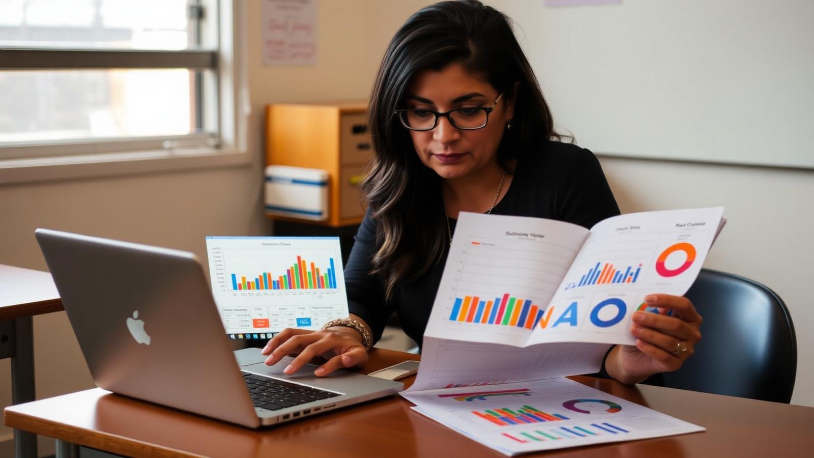 A teacher studies student performance charts on a laptop and printed reports at a classroom desk.