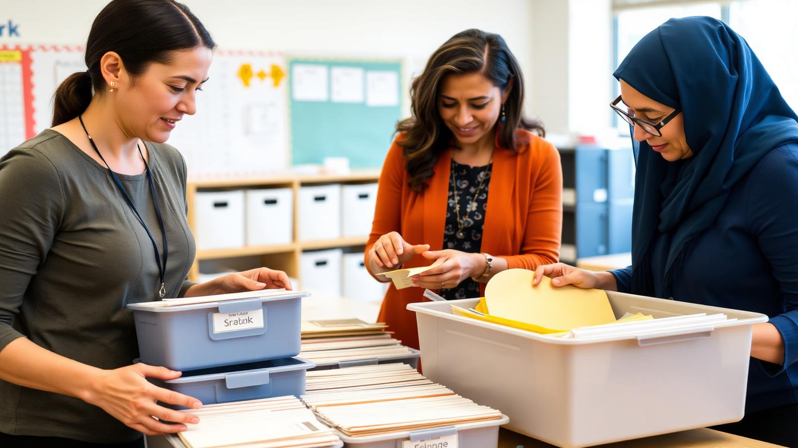 Educators build classroom systems together by organizing labeled bins and material trays.