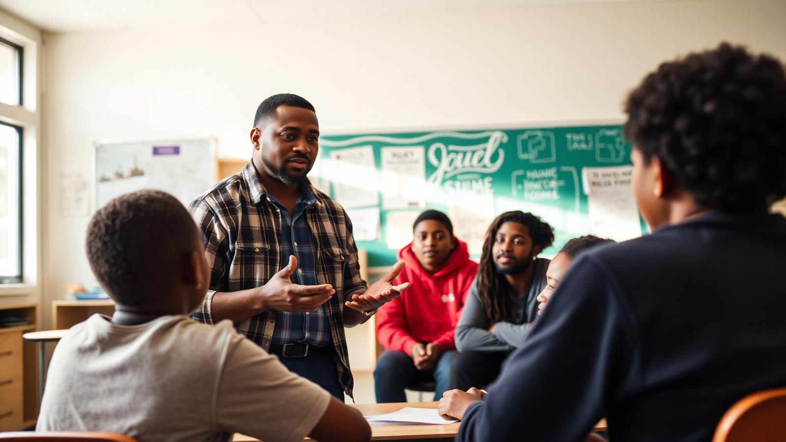 A teacher facilitates a student discussion circle while students listen and respond.