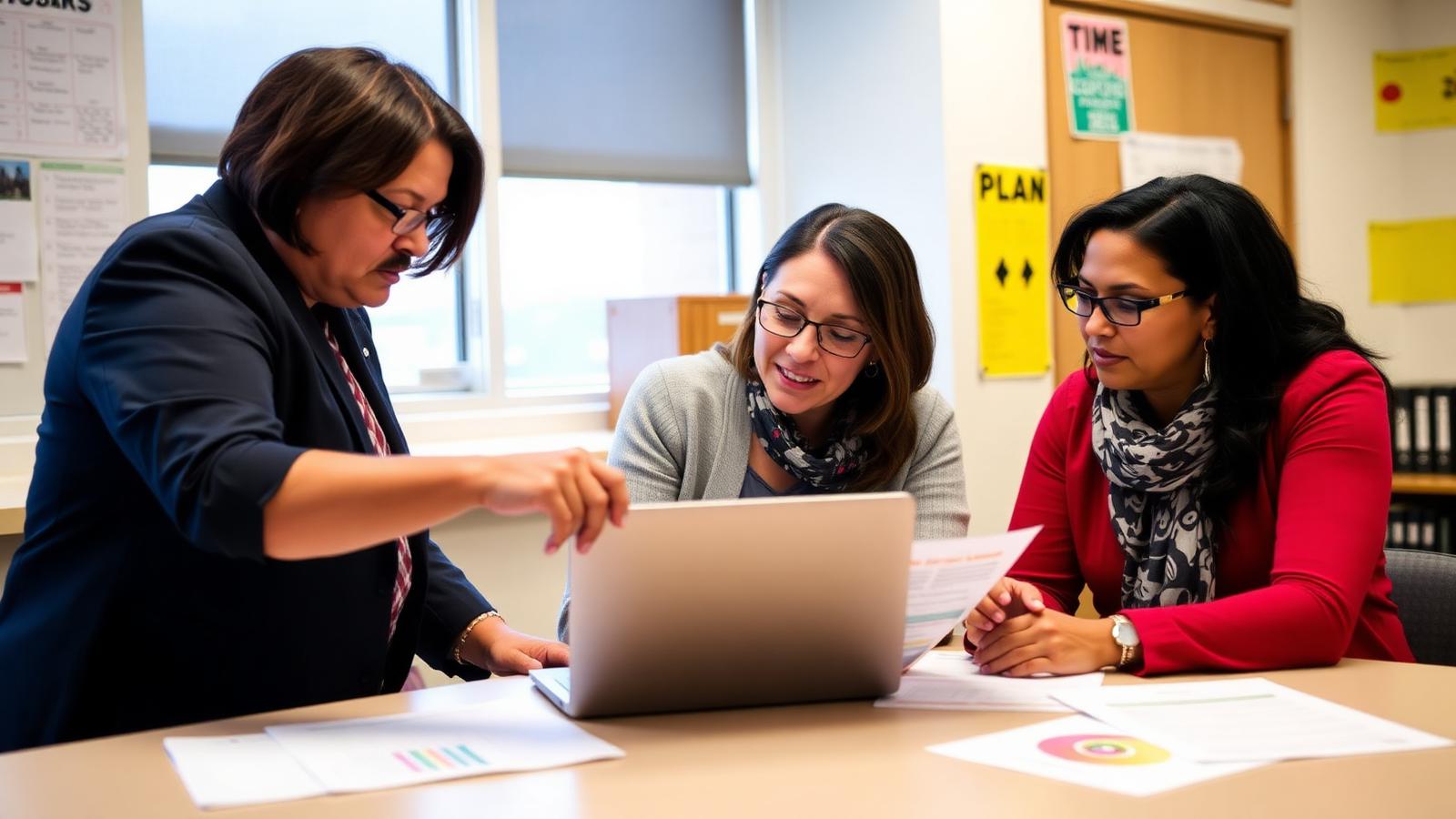 A school leader and two teacher leaders review an improvement plan on a laptop and printed reports.