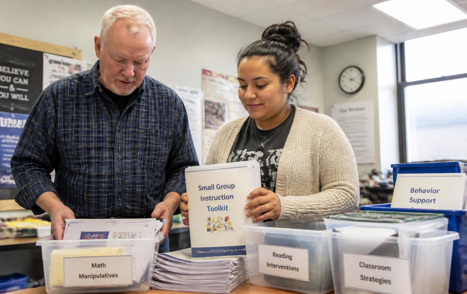 Two educators organize labeled resource bins and printed instructional toolkits together.