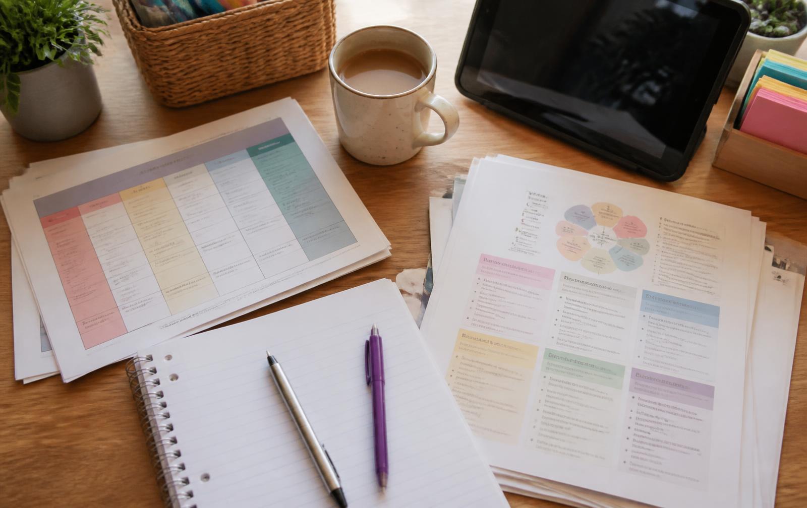 An overhead view of printed planning guides, a notebook, and coffee on a teacher's desk.