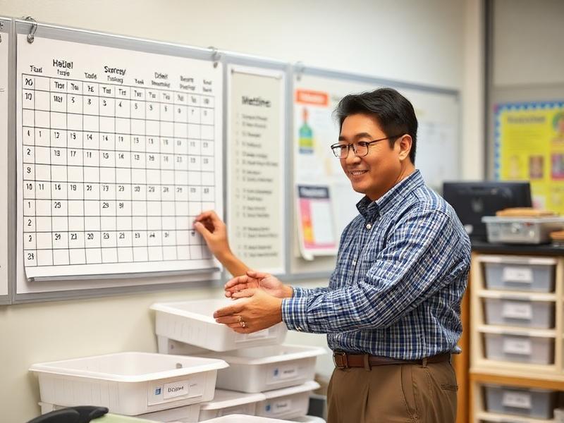 A teacher arranges a wall schedule and labeled material trays to set up classroom routines.