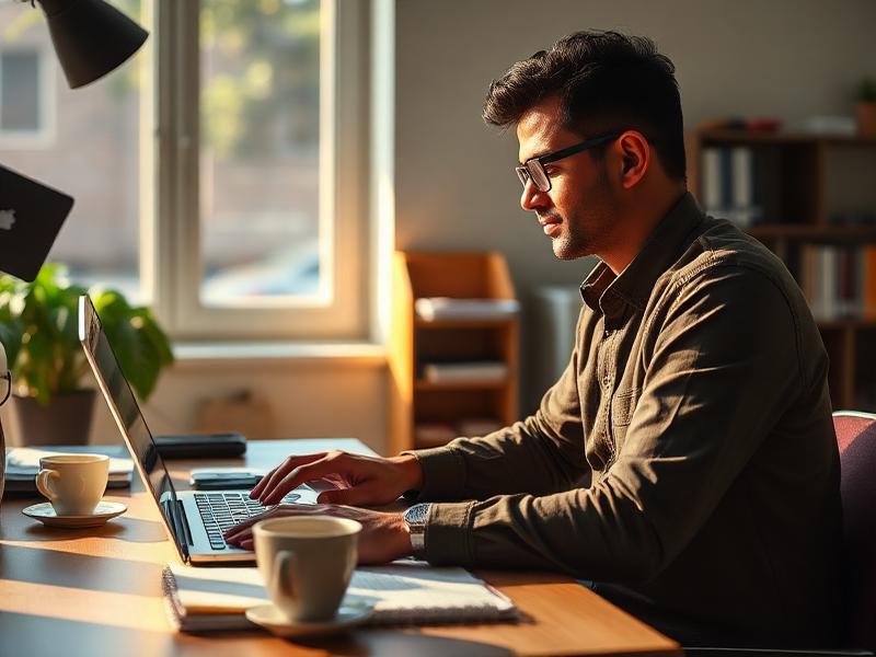 An educator closes his laptop at a tidy desk at the end of the school day.