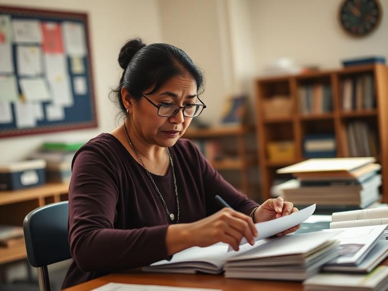 A teacher prepares lesson materials with focused intent at her desk.