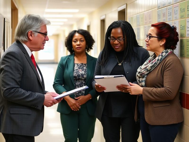 A school leader and teachers work through a school process together in a hallway conversation.