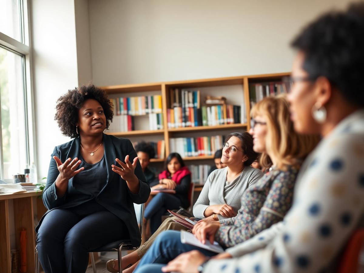 A facilitator delivers a practical professional-learning session to a group of educators seated in a school library.