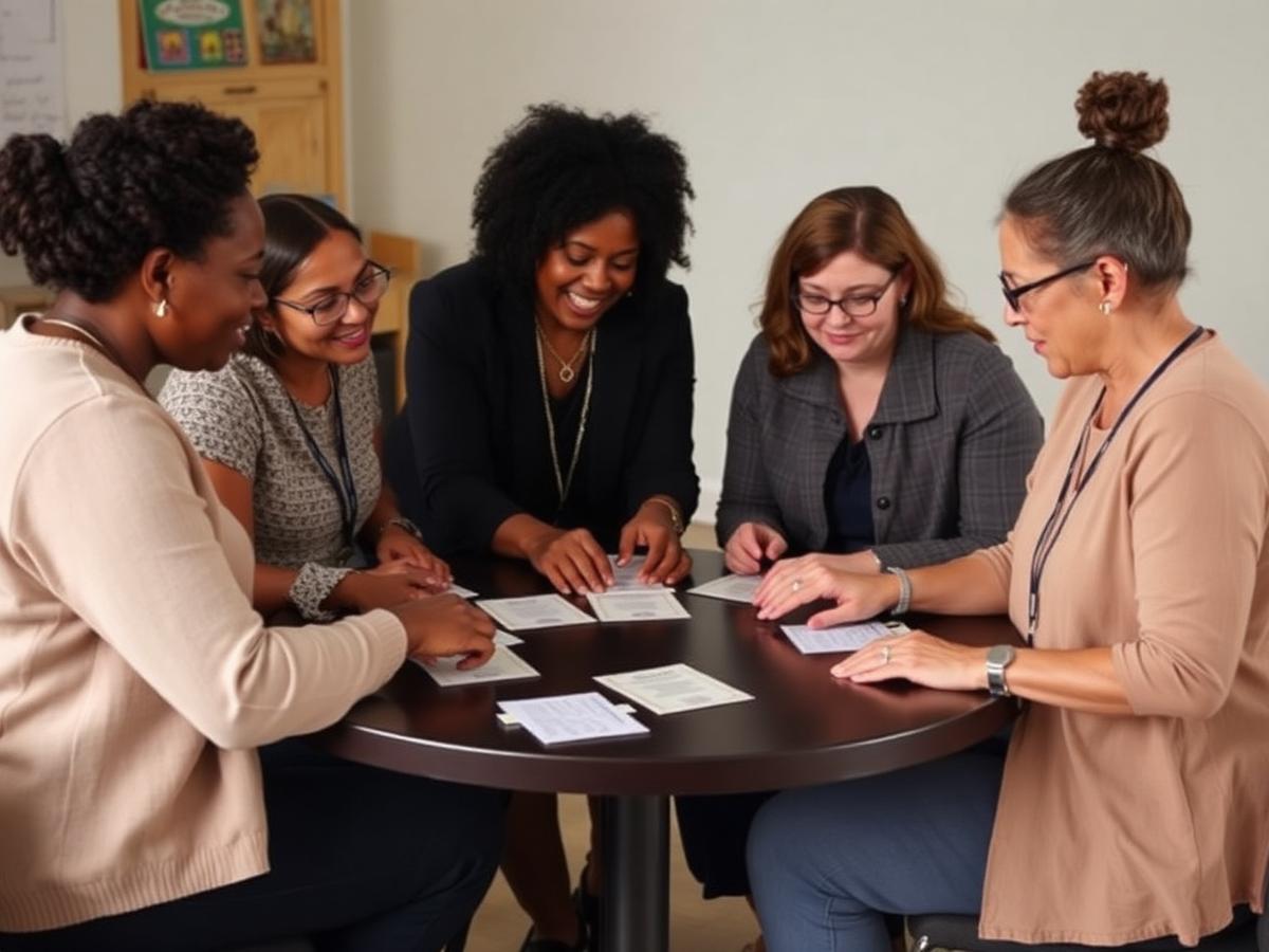 A facilitator and a small group of educators sort planning cards and solve problems together around a round table.